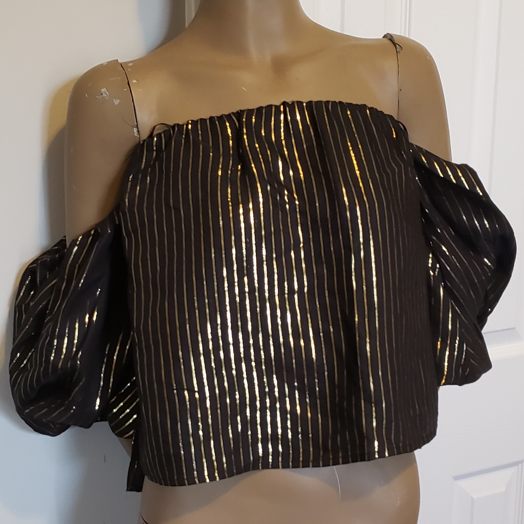 Zara Black Off Shoulder Top W/ Gold Stripes